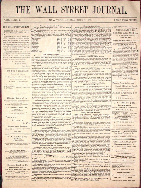 Front page of the first issue of The Wall Street Journal on July 8, 1889